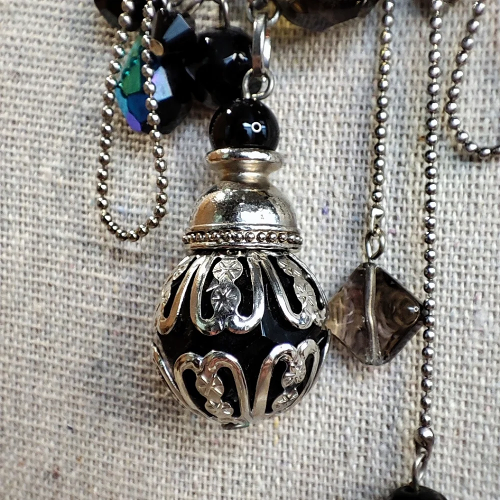 Silver Tone Ball Chain Asymmetrical Black Glass Oil Slick Big Bell Cap Necklace
